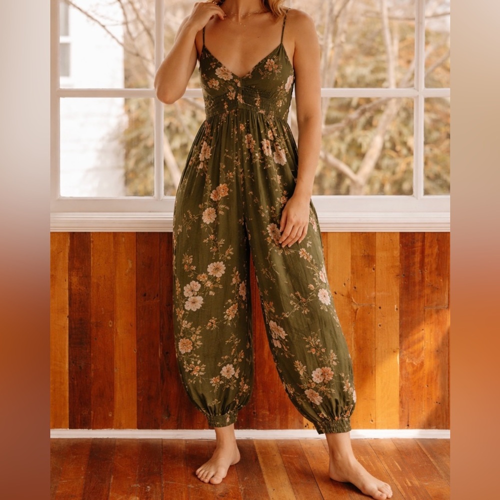 Anthropologie Olive Green Floral Spaghetti-Strap Jumpsuit